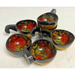 #7034 6 VTG RUSSIAN KHOKHLOMA WOOD HAND PAINTED TOY CUPS